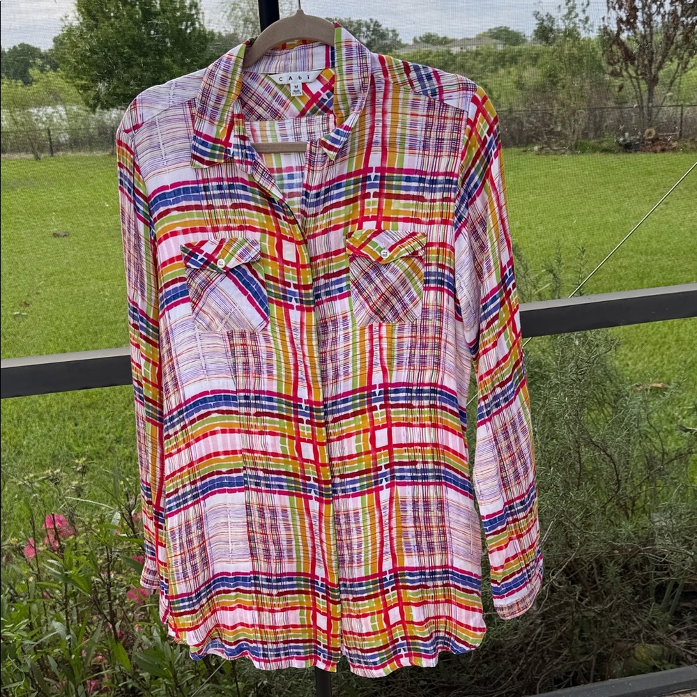 CAbi Multicolor Plaid Button-Front Tunic cover up dress Red, Yellow, Blue, Green